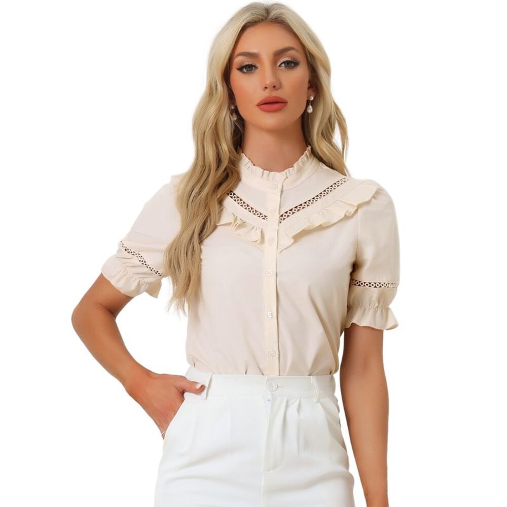 Shirt Cotton Short Sleeve Ruffle Stand Collar Blouse Top Beige